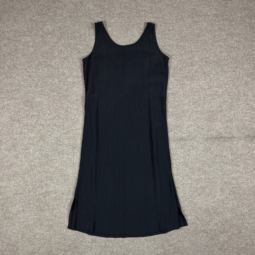 Vintage 90s Black Sleeveless Midi Shift Dress Women’s 14 Crinkle Gauzy Fairycore - Picture 2 of 10